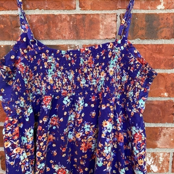 Torrid 1 Womens Blue Floral Multicolor Challis Shirred Back Spaghetti Strap Tank - Picture 4 of 8